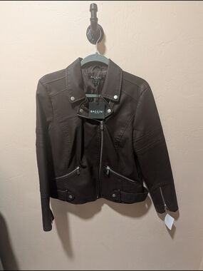 NWT Women's BACCINI  Faux Leather Moto Motorcycle Jacket Chocolate Brown Large